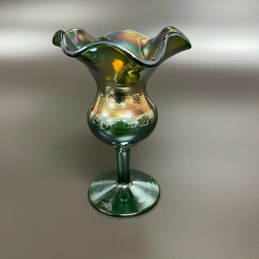 Dugan‎ Glass Green Multicolor Compote Vase Ruffle Tulip 6 3/8